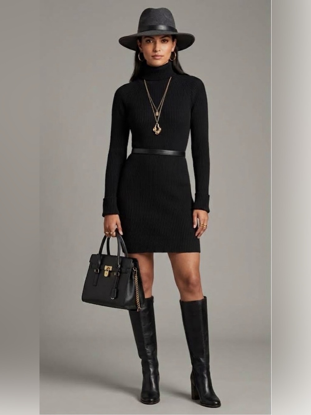 White House Black Market Black Ribbed Turtleneck Sweater Dress – Size XL